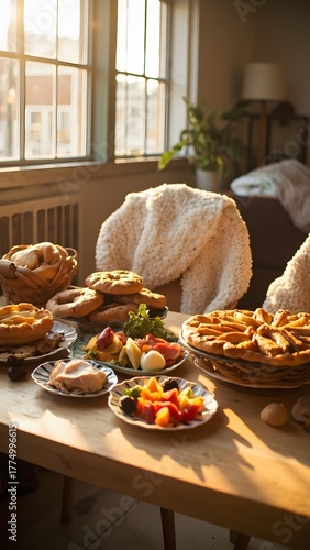 Thanksgiving table manner day meme, turkey funny A festive spread with pies, fruits and more