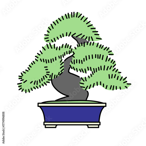 青い鉢に植えられた松の盆栽を表現したシンプルで上品なベクターイラスト｜日本の伝統美と自然の調和を感じるインテリアデザインや装飾に適した素材