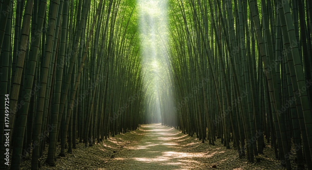 Obraz premium Lush Green Bamboo Forest Path with Sunlight Streaming Through Trees