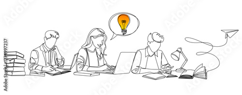 Continuous single line drawing of a thinking woman, speech bubble with light bulb, and paper airplane line art vector illustration