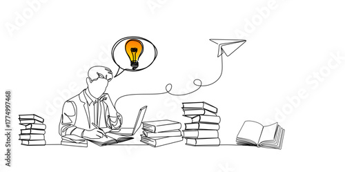 Continuous single line drawing of a thinking woman, speech bubble with light bulb, and paper airplane line art vector illustration