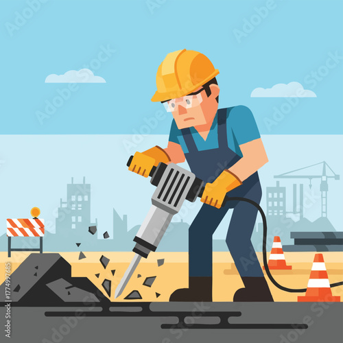 A construction worker uses a jackhammer to break up asphalt on a road, with safety gear in place, ready for repairs and reconstruction.