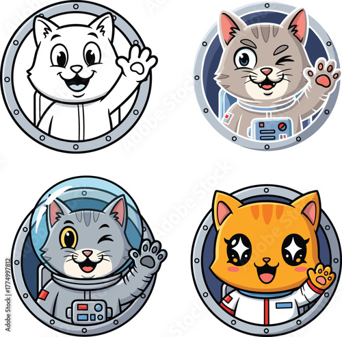 Cute astronaut cats waving from spaceship window, adorable space kittens illustration, funny cartoon feline astronauts, cosmic animal art, space exploration design