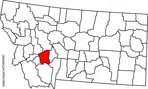 Map of Montana highlighting Jefferson County in Red. Perfect for projects on its historic mining towns, location between Helena and Butte, and the headwaters of the Missouri River.
