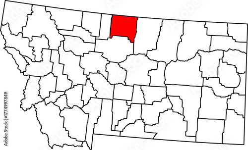 Map of Montana highlighting Hill County in Red. Perfect for projects on Fort Belknap tribal land, Central Montana agriculture, Havre commerce, and northern border geography.