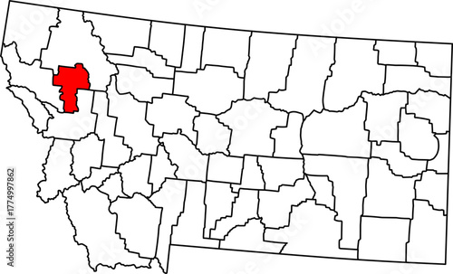 Map of Montana highlighting Lake County in Red. Perfect for projects on Flathead Lake recreation, Salish-Kootenai Tribal land, and Northwest Montana water tourism.