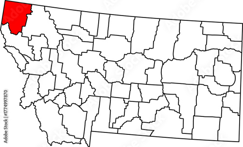 Map of Montana highlighting Lincoln County in Red. Perfect for projects on Kootenai National Forest, dense wilderness, Canadian border, and extreme Northwest Montana geography.