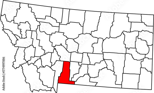Map of Montana highlighting Park County in Red. Perfect for projects on the Yellowstone National Park North Entrance, Yellowstone River, Livingston tourism, and the Rockies.