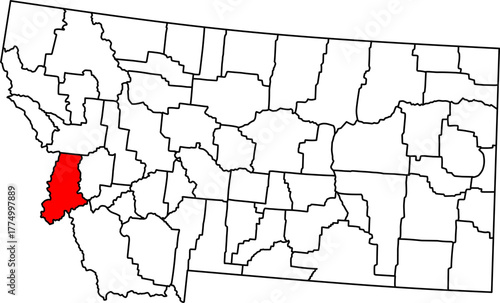 Map of Montana highlighting Ravalli County in Red. Perfect for projects on the picturesque Bitterroot Valley, scenic mountains, outdoor recreation, and Western Montana beauty.
