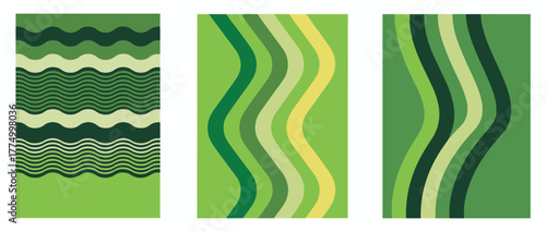 Abstract vertical panels with wavy green and yellow lines and stripes wavy lines