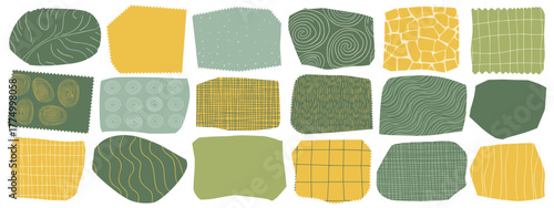 Assortment of abstract fabric swatches with organic patterns and textures Keywords: fabric swatches, textile samples, abstract patterns, organic