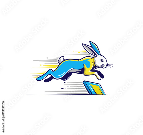 A stylized illustration of a rabbit leaping over a hurdle, with motion lines.