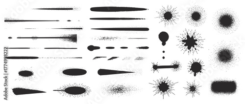 Collection of Black Spray Paint Splatters and Brush Strokes on White abstract background