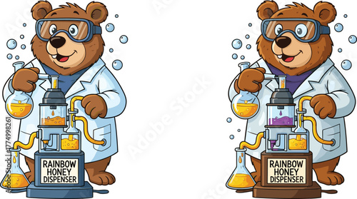Cute cartoon bear scientist creating colorful honey in laboratory with chemistry equipment, Rainbow Honey Dispenser experiment, fun science illustration