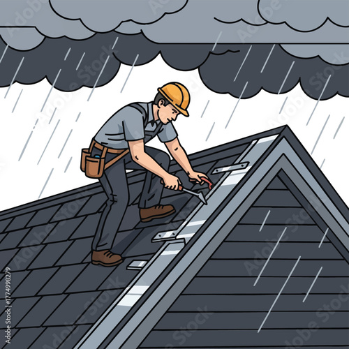 A construction worker repairs a roof in the rain, ensuring the building remains protected from the elements during a storm with determination.