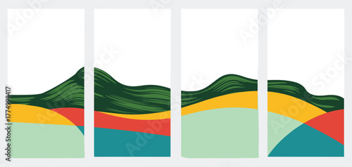Four vertical abstract banners depicting stylized green mountain ranges over colorful layered landscapes Keywords: abstract landscape, mountain