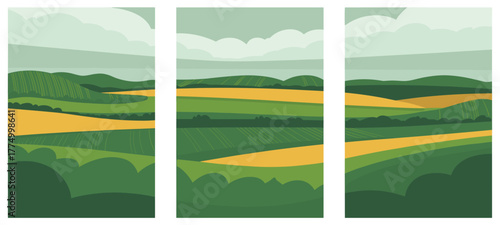 Stylized landscape triptych of rolling green hills and golden fields under a cloudy sky rolling hills