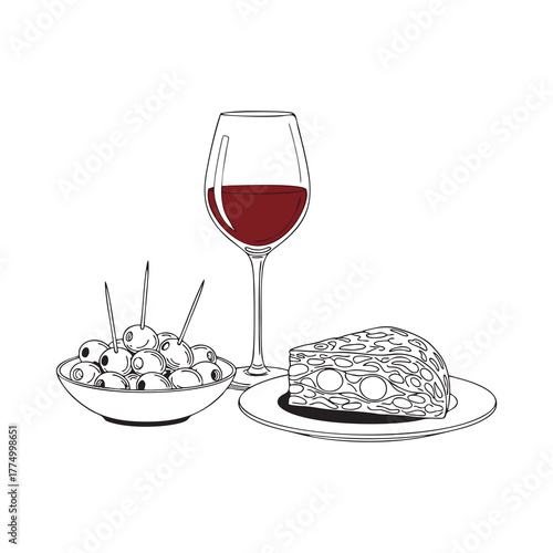 Illustration of wine, olives, and a slice of lasagna.