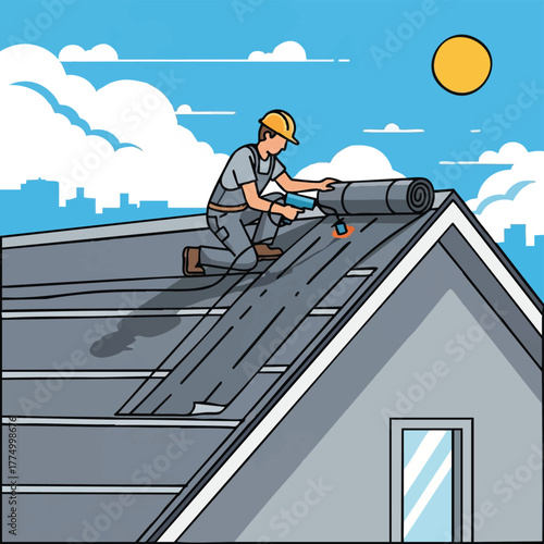 A construction worker uses a torch to install roofing material on a house, under a sunny sky in a vector illustration.