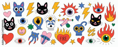 Vibrant collection of quirky, retro-inspired doodle icons featuring cats, skulls, eyes, and flames Keywords: doodle, icons, retro, quirky, cats