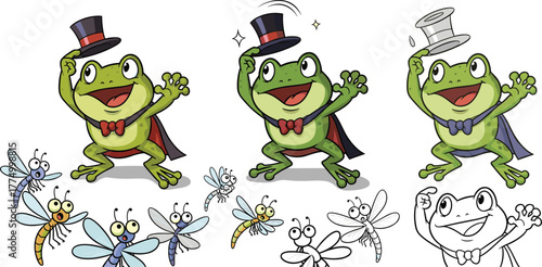 Cute cartoon frog wearing magician hat and cape with dragonflies, funny amphibian character illustration, playful wildlife art for kids