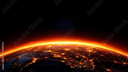 The image shows a stylized view of Earth from space, highlighting global connections with bright orange lines, set against a backdrop of starry space and a horizon glow.