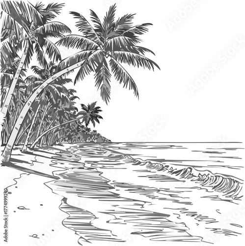 Monochrome drawing of a tropical beach with palm trees and gentle waves.