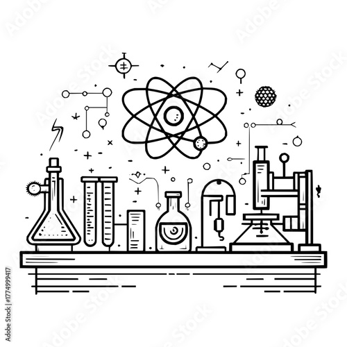 Illustration of science lab equipment including flasks test tubes microscope and atom model on shelf