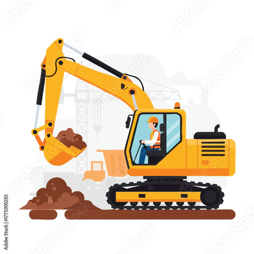 A vibrant illustration of a yellow excavator operating on a construction site, with a worker inside, digging and moving earth for building.