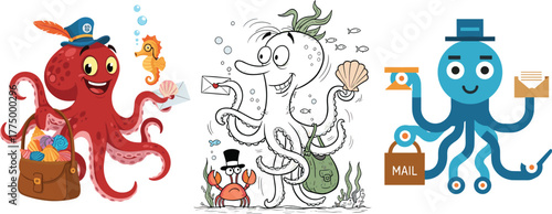 Cute octopus postman delivering mail under the sea, funny cartoon octopus with letters and bag, underwater postal delivery illustration