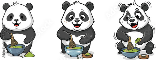 Cute panda making matcha tea with whisk and bowl, adorable cartoon panda chef preparing green tea, funny kawaii animal illustration