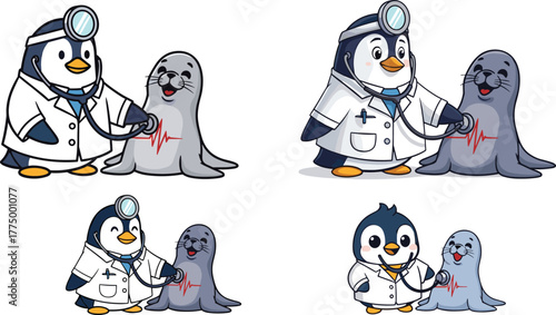 Cute penguin doctor checking seal’s heartbeat, funny animal healthcare illustration, cartoon marine doctor art, adorable veterinarian concept, ocean wildlife vector design