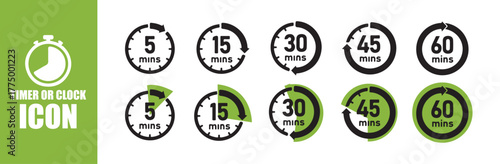 Minutes Countdown Timer Icon Set. Timer, clock, stopwatch of 5, 10, 15, 20, 25, 30, 35, 40, 45, 50, 55 min and 1 hour isolated set icons. Vector Illustration