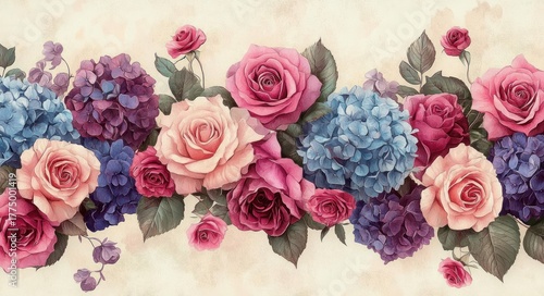 Beautiful seamless horizontal arrangement of various roses and hydrangea flowers in soft pastel colors with delicate leaves, creating a romantic and elegant floral pattern