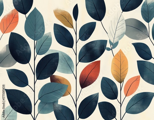 Pattern of stylized leaves in various shades of blue, orange, and gold on a soft beige background, creating a calm and modern botanical design