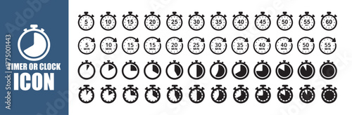 Monochrome Timer and Clock Icon Set. Stopwatch Timer Icons Set, Black Chronometer Symbol Collection, Countdown and Time Management Concept