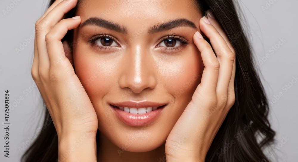 Fototapeta premium Young woman holding her forehead with smooth skin and natural makeup closeup portrait