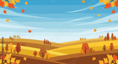 A picturesque autumn landscape showcases rolling hills covered in vibrant fall foliage under a clear blue sky with falling leaves, evoking the beauty of the season.