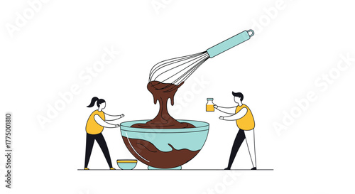 Two people collaboratively whisking thick chocolate batter in a large mixing bowl, enjoying the process of home baking.