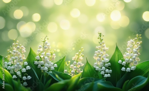 Close-up of delicate white bell-shaped flowers with vibrant green leaves against a soft glowing bokeh background evoking calm and freshness