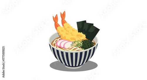 A vibrant illustration depicts a delicious bowl of Japanese udon noodles, topped with golden shrimp tempura, narutomaki, green onions, and seaweed, served in a striped bowl.