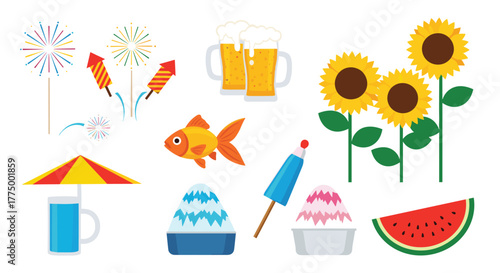 A vibrant collection of illustrations representing popular summer activities and traditional Japanese festival elements.