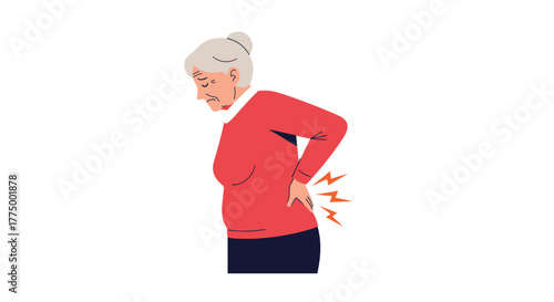 An elderly woman suffers from severe lower back pain, bending over and holding her aching back with a pained expression.