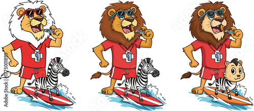 Funny lion lifeguard cartoon character with zebra surfing on ocean wave, animal summer beach illustration, tropical sea rescue team artwork, vector