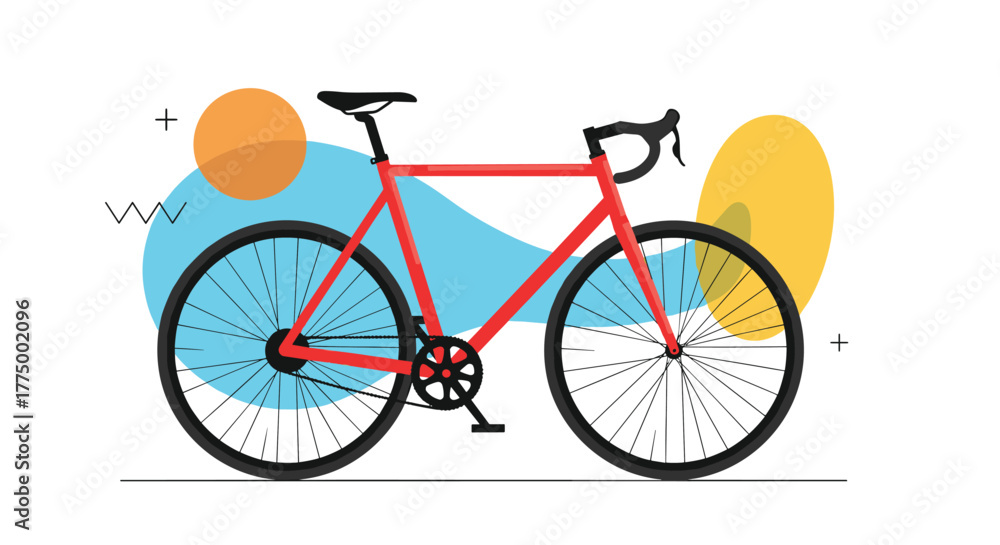 Fototapeta premium A vibrant red road bicycle with abstract shapes in the background, featuring a modern flat design style.
