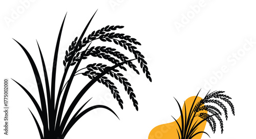 Minimalist black silhouette illustration of rice plants with mature grains, set against a clean white background with a small yellow abstract element.