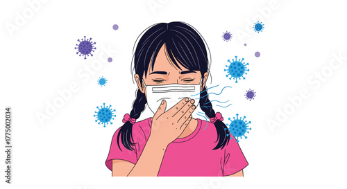 Young girl wearing a face mask, covering her mouth while coughing or sneezing, surrounded by airborne virus particles.