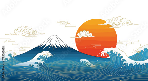 Traditional Japanese landscape illustration featuring Mount Fuji, the iconic peak, with large ocean waves and a vibrant red sun.