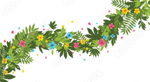 Lush green foliage and vibrant colorful flowers form a decorative curved border, with scattered petals on a bright white background, evoking spring and nature.