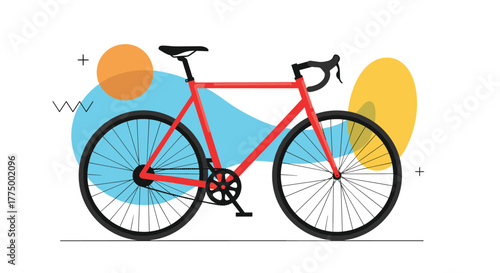 A vibrant red road bicycle with abstract shapes in the background, featuring a modern flat design style.